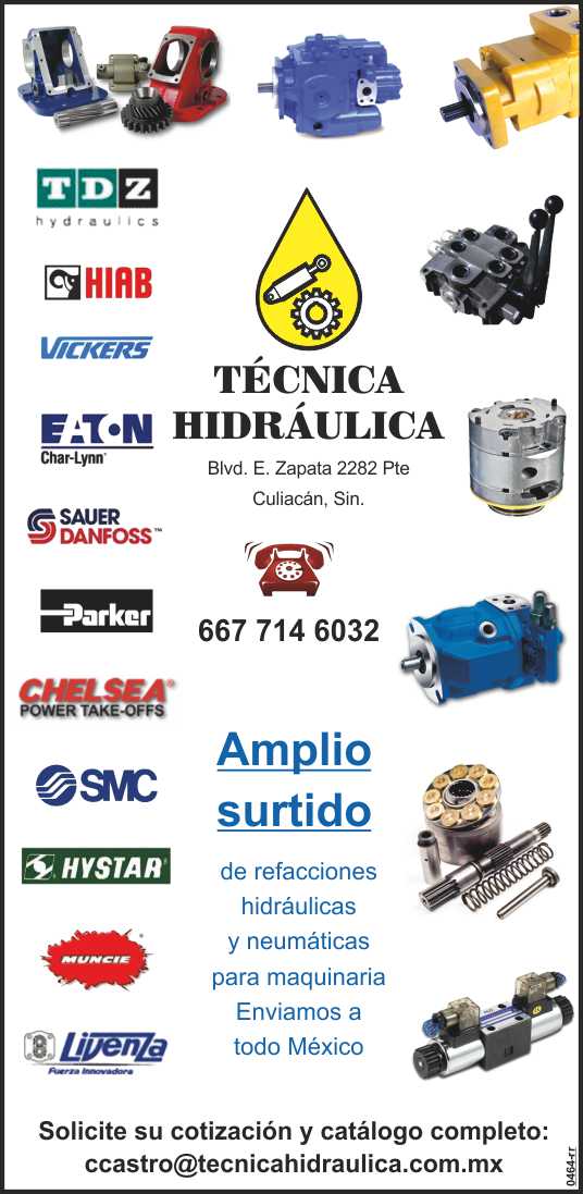 Spare parts and hydraulic and pneumatic components for machinery. We manufacture special cylinders, pumps, power take- offs, control cables, backups, seals, oring seals. Shipping to all of Mexico
