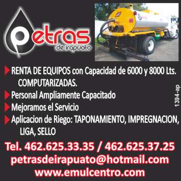 Rental of equipment with capacity of 6000 and 8000 liters, application of irrigation, tamponade, impregnation, league, seal