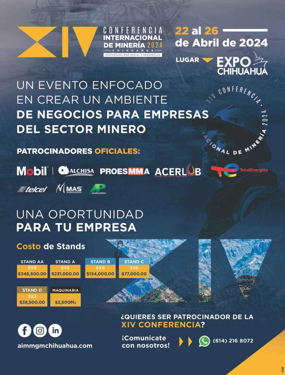 Conferencia y exposicion de maquinaria y productos para Mineria, del 22 al 26 de Abril del 2024, en Chihuahua, Chih.