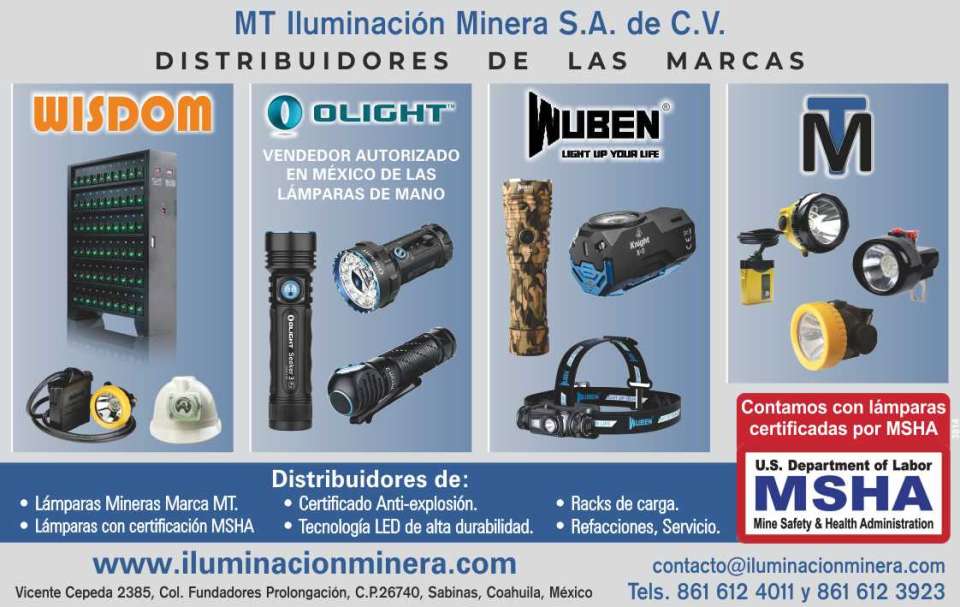 MT Iluminacion Minera. Distribuidores de lamparas mineras marca MT, lamparas con certificacion MSHA, certificado anti-explosion, tecnologia led, racks de carga, refacciones y servicio.
