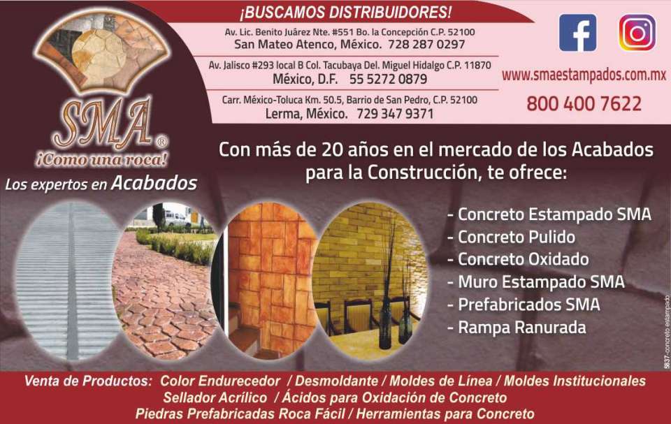 SMA stamped concrete like a rock. We supply the entire Mexican Republic, mold release hardener, sealant, tools, molds, etc. The experts in finishes.