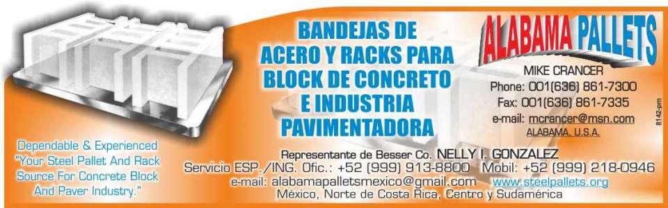 Alabama Pallets, Bandejas de acero y racks para block de concreto e industria pavimentadora. Yucatan, Mexico y Alabama, USA.