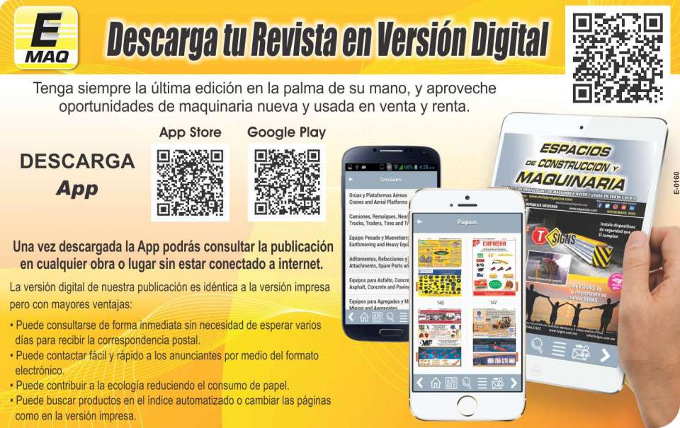 Download the APP of Espacios de Construccion y Maquinaria Magazine in digital version. Search for "Revista Maquinaria" on Google Play or App Store.