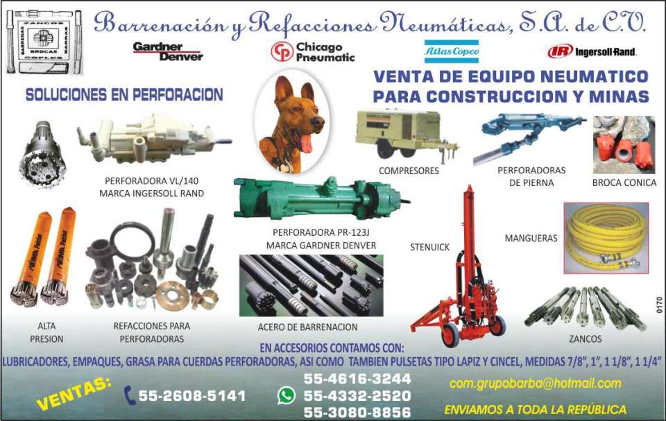 Sale and Repair of Equipment for Construction, Mines and Pneumatic. Numa Bottom Hammers and Drills Drills, Stilts, Stenuick, Hoses, Compressors, Mangueras.