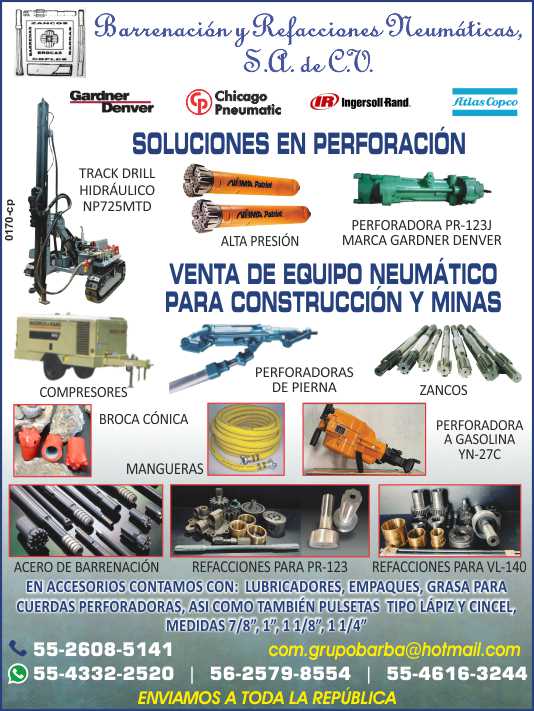 Venta y Reparacion de Equipo para Construccion, Minas y Neumatico. Numa Martillos de fondo y Brocas. Perforadoras, Zancos, Stenuick, Mangueras, Track Drill