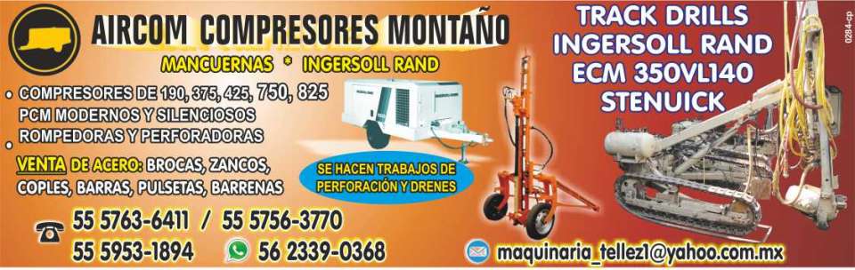 Compresores, Rompedoras, Perforadoras, Acero, Brocas, Zancos, Coples, Barras, Pulsetas, Barrenas, Track drills, Mancuernas, Stenuick, Refacciones para compresores, Perforacion, Drenes. Compresores, Rompedoras, Perforadoras, Acero, Brocas, Zancos, Coples, Barras, Pulsetas, Barrenas, Track drills, Mancuernas, Stenuick, Refacciones para compresores, Perforacion, Drenes.