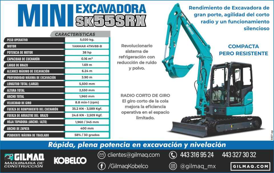 Mini excavadora Sk55SRX, rendimiento de excavadora de gran porte, agilidad del corto radio y un funcionamiento silencioso. Revolucionario sistema de refrigeracion con reduccion de ruido y polvo.