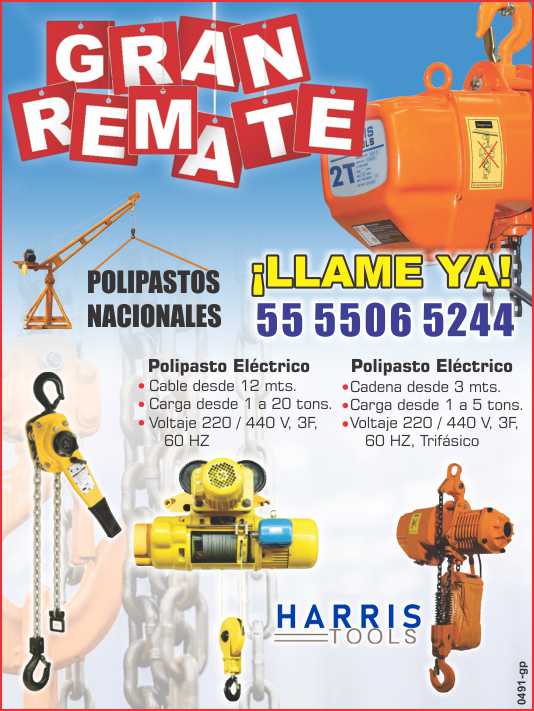 ¡ Gran Remate ! Polipasto Electrico: cable desde 12 mts., carga desde 1 a 20 tons, voltaje 220/440 V, 3F, 60 Hz. Polipasto electrico: cadena desde 3 mts., carga desde 1 a 5 tons, voltaje 220/440 V. ¡ Gran Remate ! Polipasto Electrico: cable desde 12 mts., carga desde 1 a 20 tons, voltaje 220/440 V, 3F, 60 Hz. Polipasto electrico: cadena desde 3 mts., carga desde 1 a 5 tons, voltaje 220/440 V.