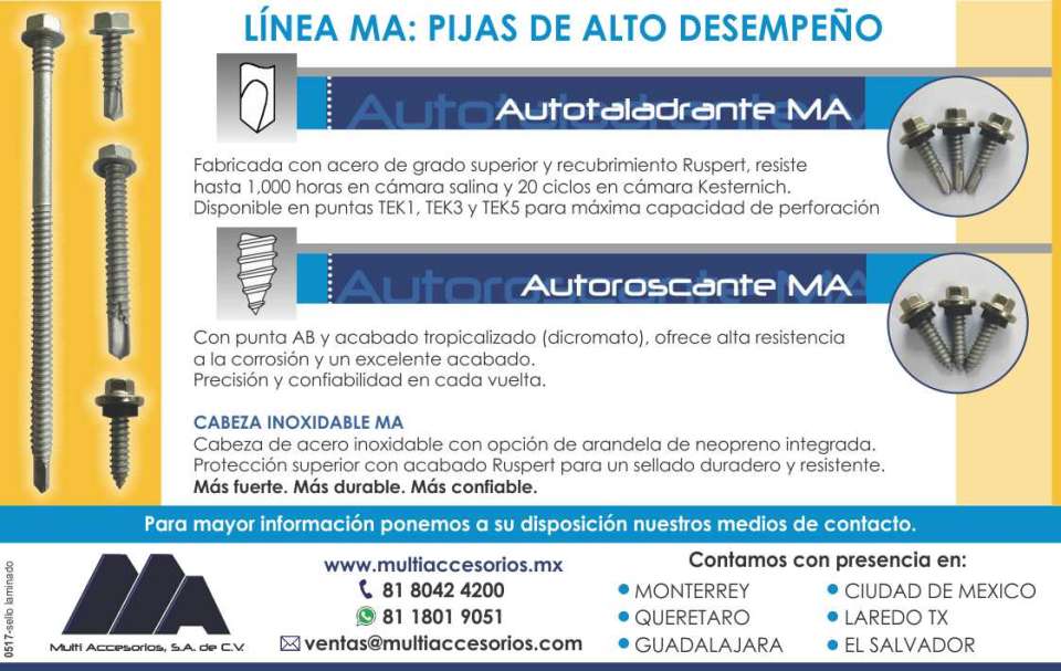 Autotaladrante MA, fabricada con acero de grado superior y recubrimiento Ruspert Autoroscante MA, con punta AB y acabado tropicalizado con alta resistencia a la corrosion Cabeza inoxidable MA de acero Autotaladrante MA, fabricada con acero de grado superior y recubrimiento Ruspert Autoroscante MA, con punta AB y acabado tropicalizado con alta resistencia a la corrosion Cabeza inoxidable MA de acero