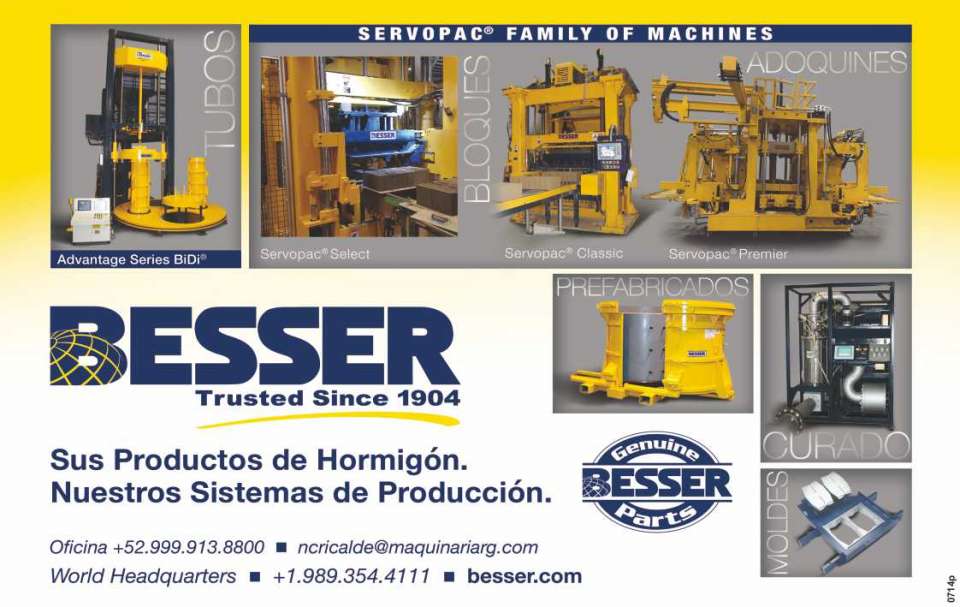 Besser, desde 1904 a su lado. Sus productos de hormigon, nuestros sistemas de produccion. Bloques, adoquines, tubos, prefabricados, curado, moldes. Besser, desde 1904 a su lado. Sus productos de hormigon, nuestros sistemas de produccion. Bloques, adoquines, tubos, prefabricados, curado, moldes.