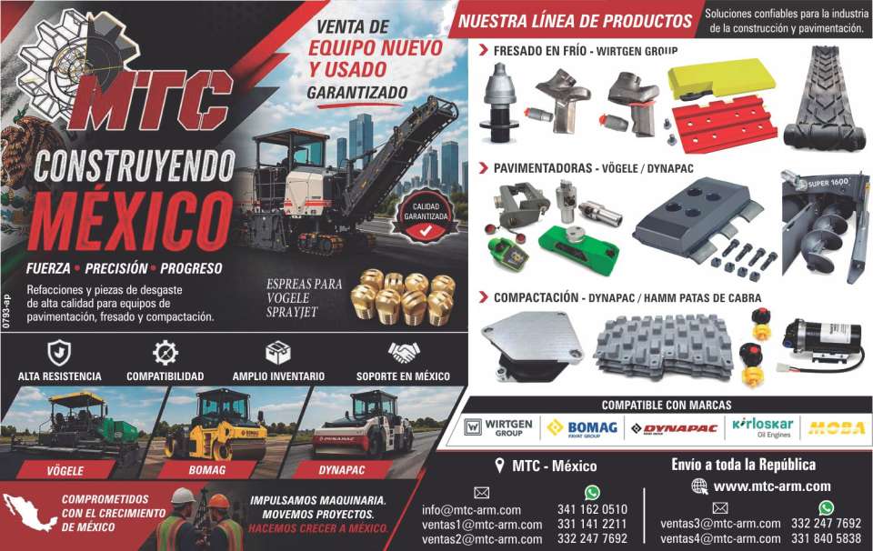 Equipo Nuevo y Usado Garantizado. Refacciones y piezas de desgaste para equipos de pavimentacion, fresado y compactacion. Compatibles con Wirtgen Group, Bomag, Dynapac, Kirloskar, Moba.