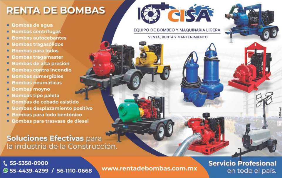 RENTA DE BOMBAS de Agua, Centrifugas, Autocebantes, Tragasolidos, para Lodos, Tragamaster, de Alta Presion, Contra Incendio, Sumergibles, Neumaticas, Moyno, tipo Paleta y Maquinaria Ligera.