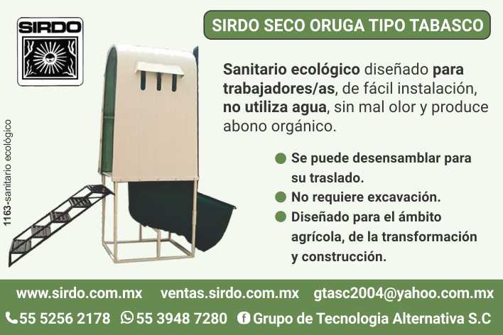 SIRDO Seco Oruga Tabasco type, ecological toilet designed for workers, easy to install, does not use water, does not smell bad and produces organic fertilizer. It can be disassembled for transport.