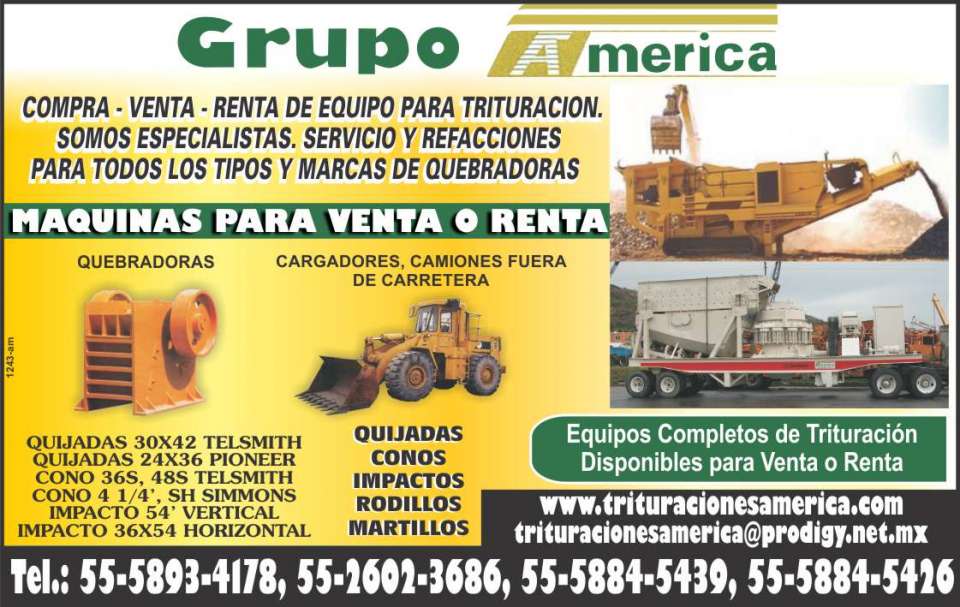 Equipo para trituracion, quebradoras, cargadores, camiones fuera de carretera, quijadas, conos, impactos, rodillos, martillos, equipos completos de trituracion disponibles para venta o renta 