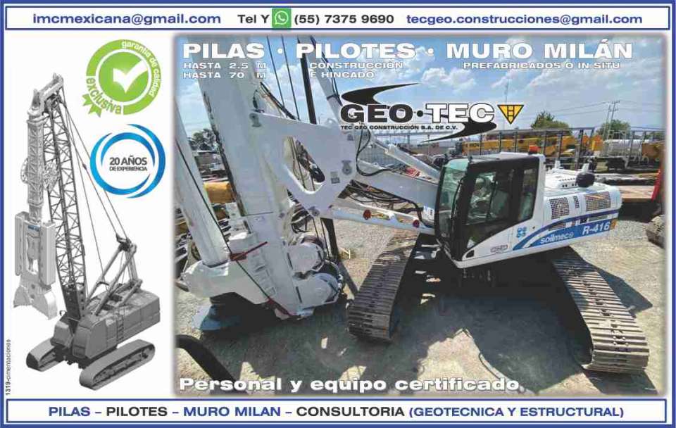Pilas: Hasta 2.5 m., Hasta 70 m. Pilotes: Construccion e Hincado. Muro Milan: Prefabricados o In situ. Personal y Equipo Certificado, Consultoria, Geotecnia y Estructural. IMC Mexicana. Pilas: Hasta 2.5 m., Hasta 70 m. Pilotes: Construccion e Hincado. Muro Milan: Prefabricados o In situ. Personal y Equipo Certificado, Consultoria, Geotecnia y Estructural. IMC Mexicana.
