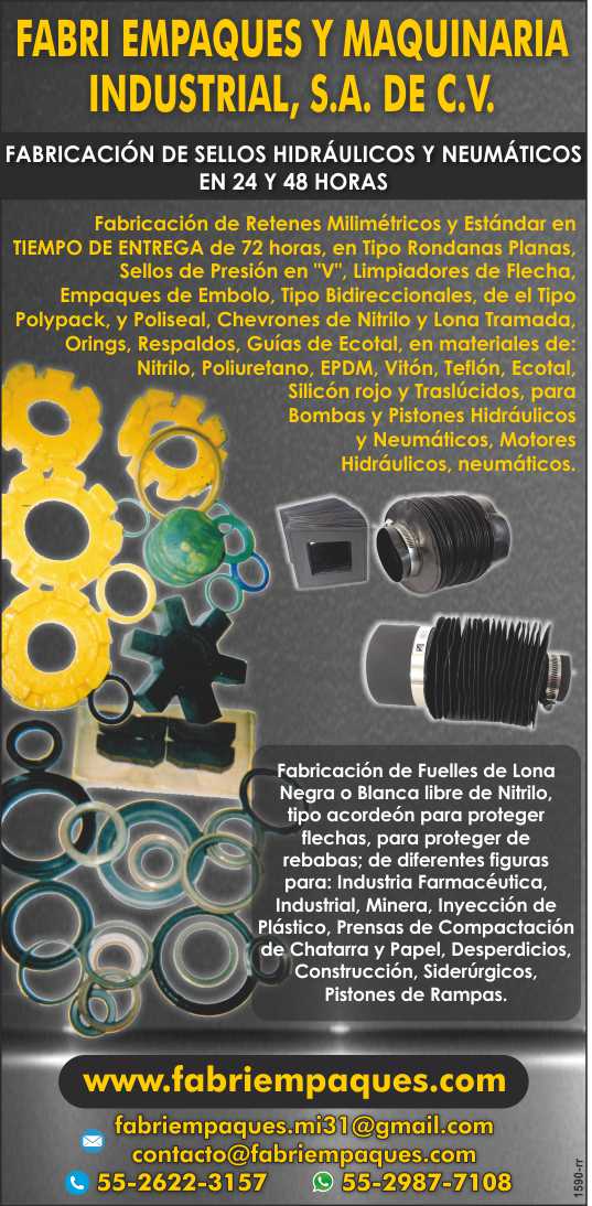 Fabricante de Sellos Hidraulicos, Neumaticos, Retenes. Sellos de presion en V, Limpiadores de Flecha, Empaques, Fuelles de Lona tipo acordeon y de Diferentes Figuras para la Industria en General.