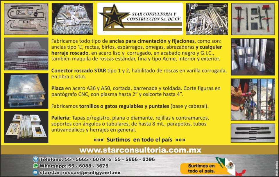 Fabricantes de Anclas, Birlos, Esparragos, Abrazaderas, Moldes metalicos, Cimbras, Puntales, Gatos regulables, Tapas para registros, rejillas, soportes. Paileria y herrajes en general. 