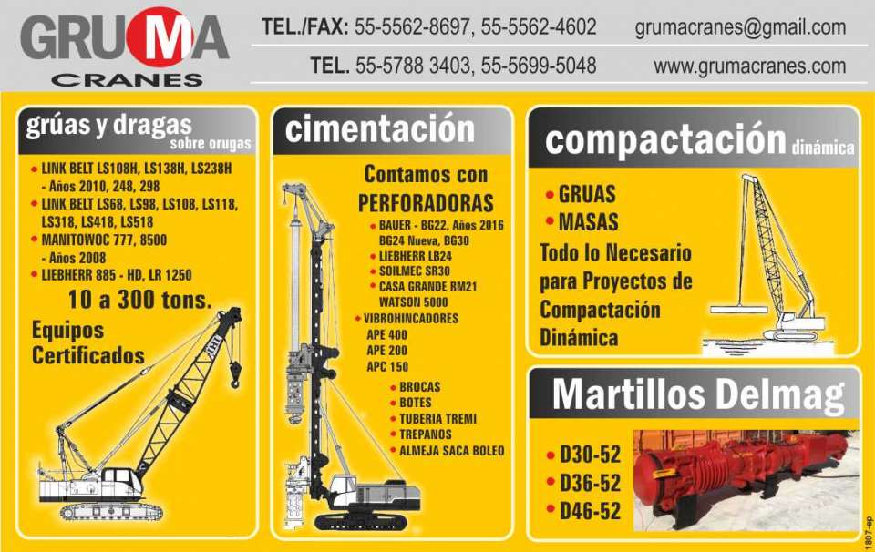 Crawler Cranes and Dredges, Foundations, Drilling Machines, Vibrodrivers, Drill Bits, Boats, Tremi Pipe, Trepans, Boleo Clam, Dynamic Compaction, Cranes, Masses, Piling Hammers