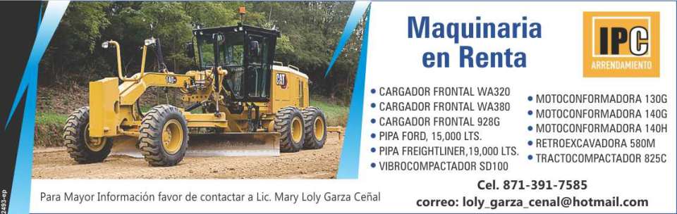 Machinery for Rent: Front Loaders, Pipes, Vibro-compactors, Motorformers, Backhoes, Tractor-compactors.