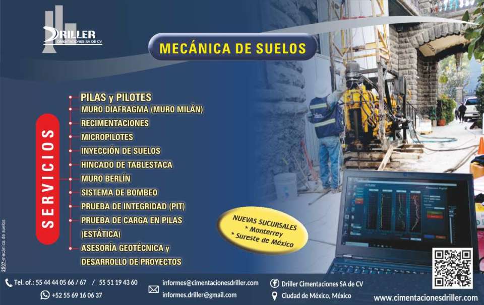 Mecanica de suelos, Pilas, Pilotes, Micropilotes, Recimentaciones, Muro Diafragma, Muro Milan, Tablaestacas, Abatimiento del NAF, Inyeccion de suelos, Geotecnica, Anclas, Concreto lanzado