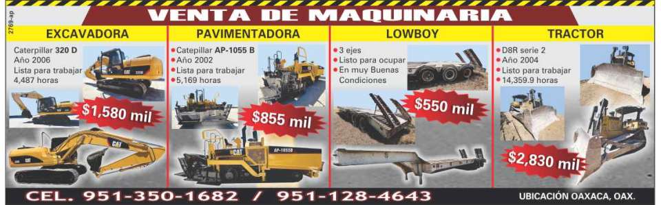 Sale of machinery, from excavators, pavers, lowboys, profilers, tractors, tractors and much more equipment.
