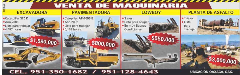 Sale of machinery, from excavators, pavers, lowboys, profilers, tractors, tractors and much more equipment. Sale of machinery, from excavators, pavers, lowboys, profilers, tractors, tractors and much more equipment.
