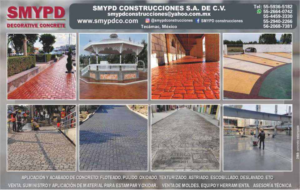 Application and finishing of concrete: floated, polished, oxidized, textured, astriado, brushed, washed, etc. Sale, supply and application of material to stamp and oxidize.