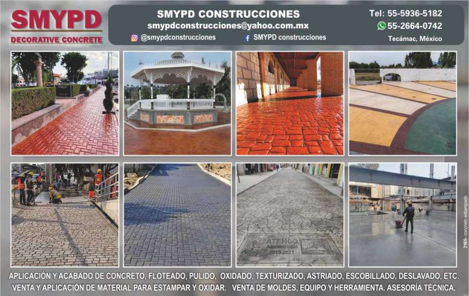 Aplicacion y acabado de concreto: floteado, pulido, oxidado, texturizado, astriado, escobillado, deslavado, etc. Venta, suministro y aplicacion de material para estampar y oxidar. Aplicacion y acabado de concreto: floteado, pulido, oxidado, texturizado, astriado, escobillado, deslavado, etc. Venta, suministro y aplicacion de material para estampar y oxidar.
