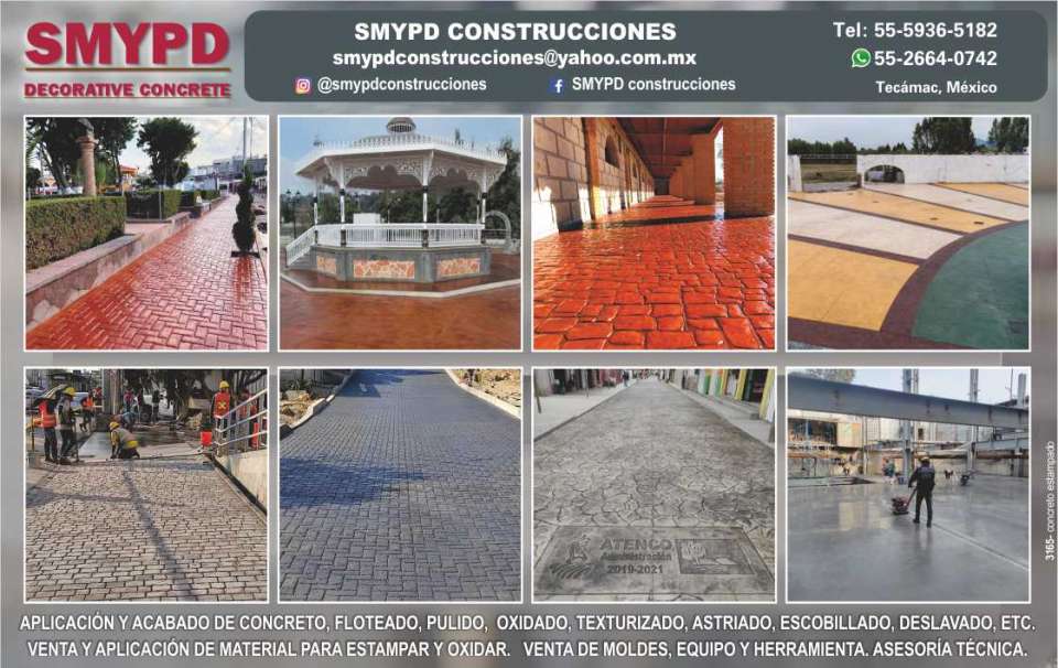 Application and finishing of concrete: floated, polished, oxidized, textured, astriado, brushed, washed, etc. Sale, supply and application of material to stamp and oxidize.