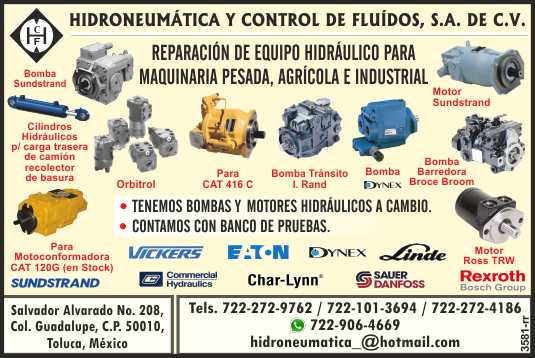 Hydropneumatic and Fluid Control Repair of hydraulic equipment for heavy machinery, hydraulic cylinders, piston pumps, vanes and gears.