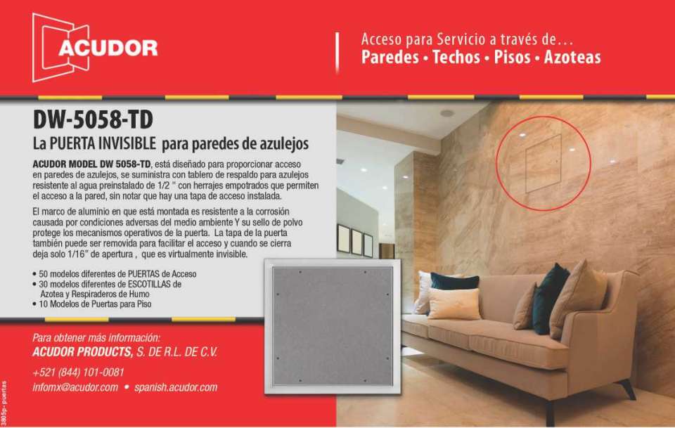 Acceso para Servicio a traves de Paredes, Techos, Pisos, Azoteas. 50 Modelos diferentes de Puertas de acceso, 30 modelos diferentes de Escotillas de azotea, Respiraderos de humo y Puertas para piso.