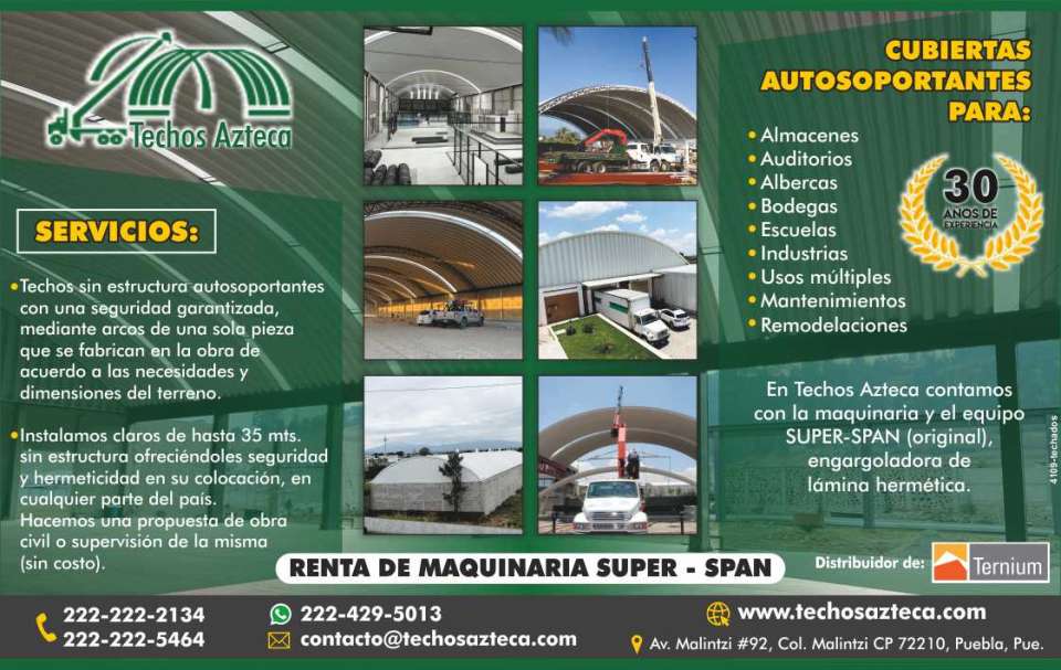 Self-supporting covers for warehouses, auditoriums, swimming pools, and cellars We install spans of up to 35 meters without structure, offering security and hermeticity in their placement Self-supporting covers for warehouses, auditoriums, swimming pools, and cellars We install spans of up to 35 meters without structure, offering security and hermeticity in their placement