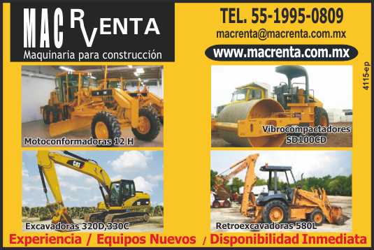 Rent and sale of machinery for construction. Excavators, Motoconformadoras, Backhoes, Vibrocompactador. New Equipment Immediate Availability. Caterpillar, Volvo, Case.