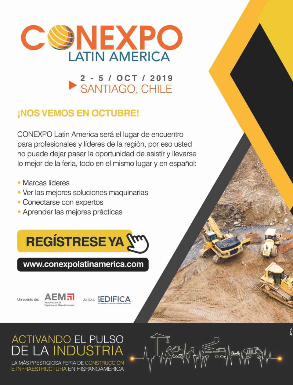 CONEXPO Latin America 2019 del 2 al 5 de Octubre 2019 en Espacio Riesco, Santiago de Chile. - Participe en la mayor feria de construccion e infraestructura en hispanoamerica.