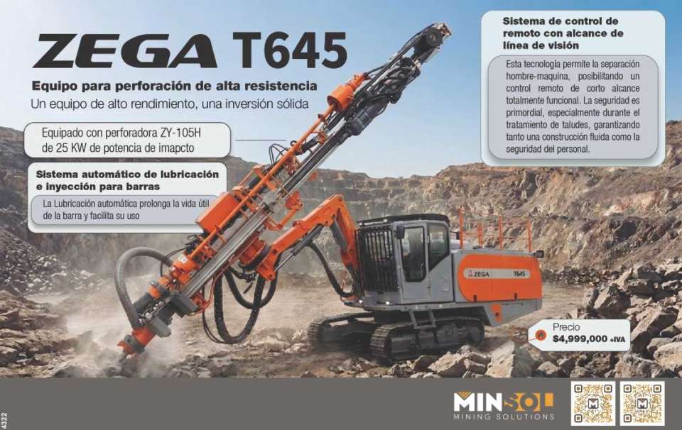 Zega T645. Un equipo de alto rendimiento, una inversion solida, equipado con perforadora ZY-105H, sistema automatico de lubricacion e inyeccion para barras