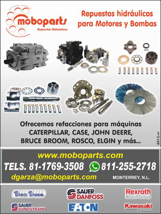 Repuestos hidraulicos para Motores y Bombas. Ofrecemos refacciones para maquinas CATERPILLAR, CASE, JOHN DEERE, BRUCE BROOM, ROSCO, ELGIN. Empaques Hidraulicos, Equipo Hidraulico, Motores, Repuestos.