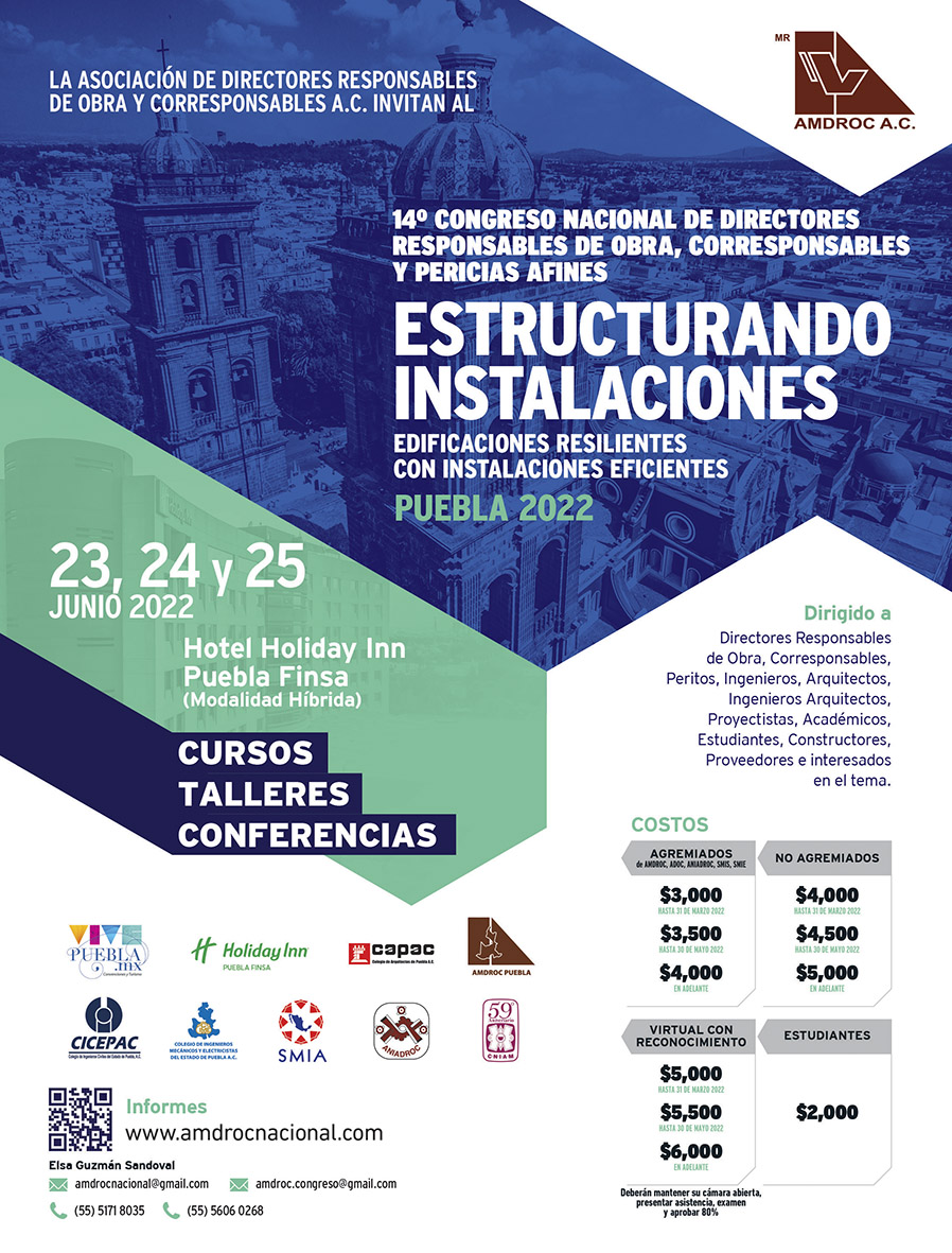 La AMDROC, A.C. invita a su 14o. Congreso Nacional en Puebla, del 23 al 25 de Junio 2022. Asociacion de Directores Responsables de Obra y Corresponsables Unidos. La AMDROC, A.C. invita a su 14o. Congreso Nacional en Puebla, del 23 al 25 de Junio 2022. Asociacion de Directores Responsables de Obra y Corresponsables Unidos.