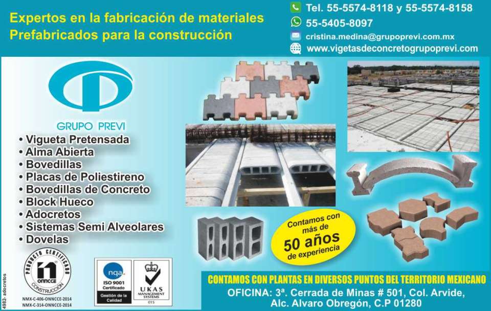 Prefabricados para la construccion, vigueta pretensada y alma abierta, bovedillas y placas de poliestireno, bovedillas de concreto, block hueco, adocretos, sistemas semi alveolares, Dovelas.