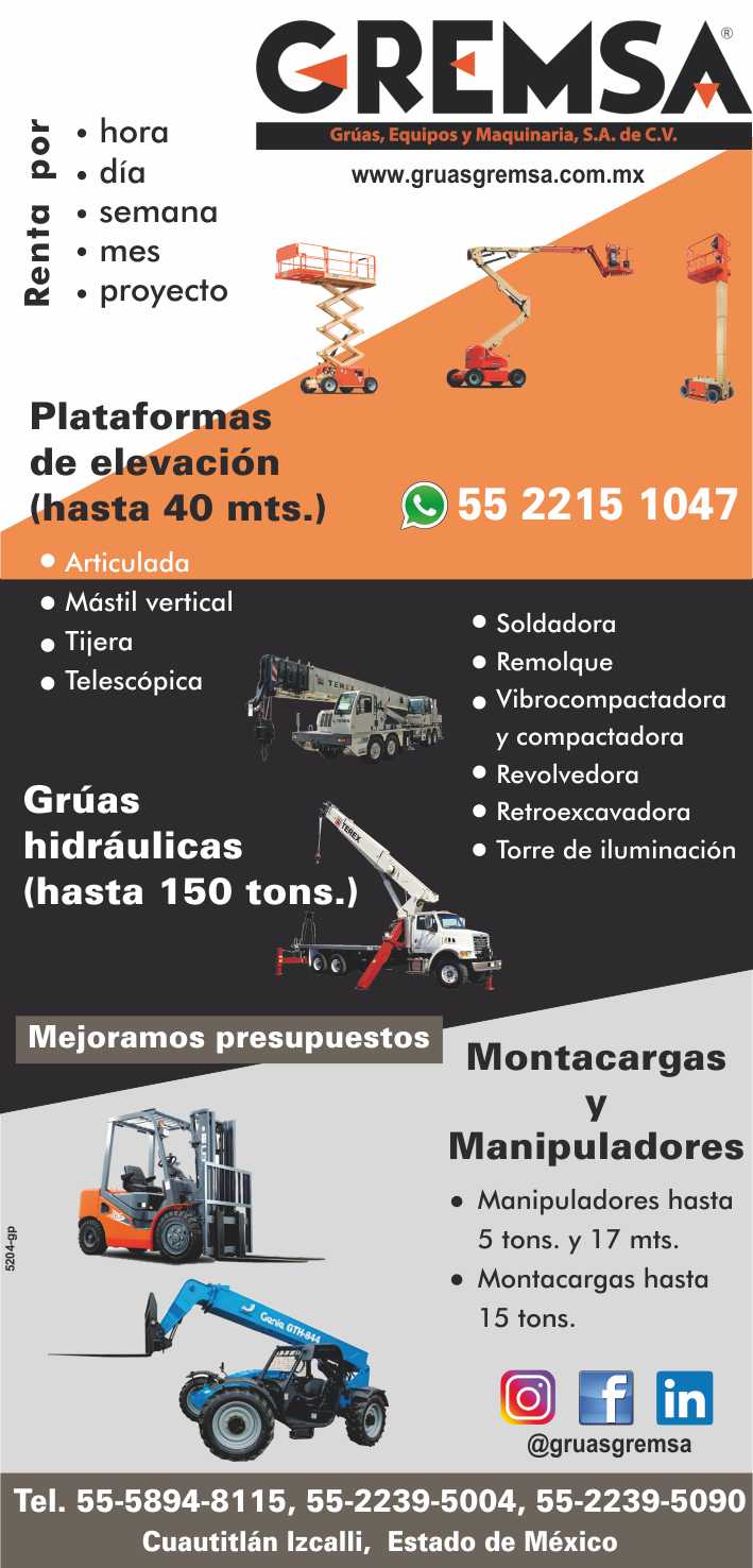Lifting platforms Articulated platforms, Vertical mast, Scissor platforms, Telescopic platforms, Hydraulic cranes, Welders, Lowboy trailers, Vibrocompactadoras Lifting platforms Articulated platforms, Vertical mast, Scissor platforms, Telescopic platforms, Hydraulic cranes, Welders, Lowboy trailers, Vibrocompactadoras
