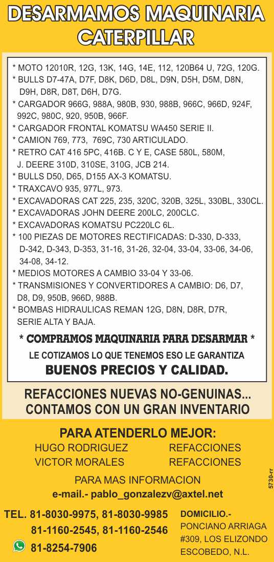 Refacciones nuevas no genuinas: Komatsu, JD, Cat, Case. Transmisiones, motores a cambio, convertidores, bombas hidraulicas. Compramos maquinaria para desarmar. Refacciones y Maquinaria del Norte Refacciones nuevas no genuinas: Komatsu, JD, Cat, Case. Transmisiones, motores a cambio, convertidores, bombas hidraulicas. Compramos maquinaria para desarmar. Refacciones y Maquinaria del Norte