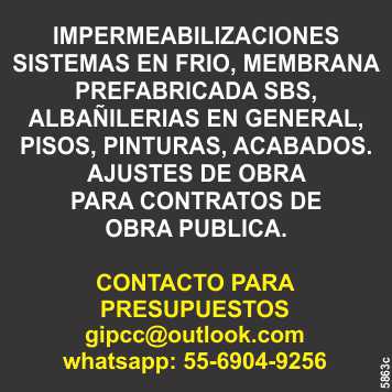 Impermeabilizaciones Sistemas en Frio, Membrana Prefabricada SBS, Pisos, Pinturas, Albañilerias, Acabados, Asesoramiento en Licitaciones de Obra Publica, Ajustes de Costos. Impermeabilizaciones Sistemas en Frio, Membrana Prefabricada SBS, Pisos, Pinturas, Albañilerias, Acabados, Asesoramiento en Licitaciones de Obra Publica, Ajustes de Costos.