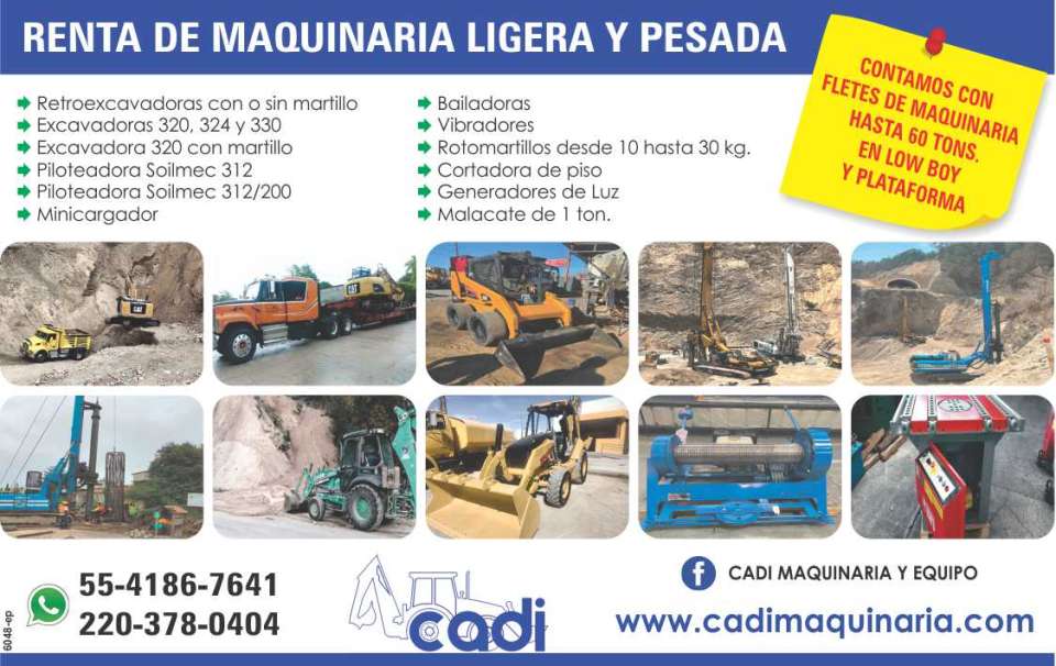 Renta de Maquinaria Ligera y Pesada. Retroexcavadoras con o sin martillo. Excavadoras, Piloteadoras, Minicargador, Bailadoras, Vibradores, Rotormartillos, Cortadora de Piso, Generadores de Luz. Renta de Maquinaria Ligera y Pesada. Retroexcavadoras con o sin martillo. Excavadoras, Piloteadoras, Minicargador, Bailadoras, Vibradores, Rotormartillos, Cortadora de Piso, Generadores de Luz.