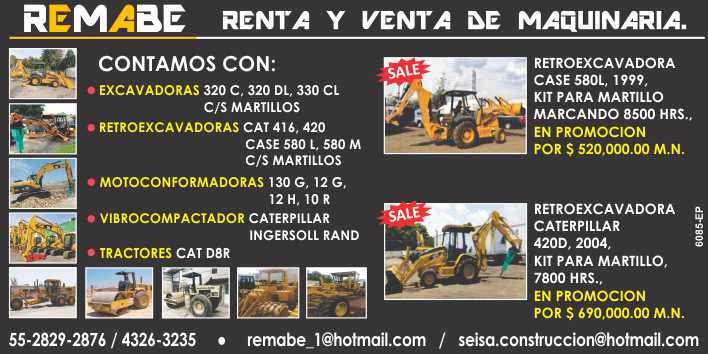 Rent, Sale, Heavy Equipment, Backhoes, Excavators, Motoconformadoras, Vibrocompactadores, Tractors, Construction Projects, civil work, earthworks, Urbanization, Building