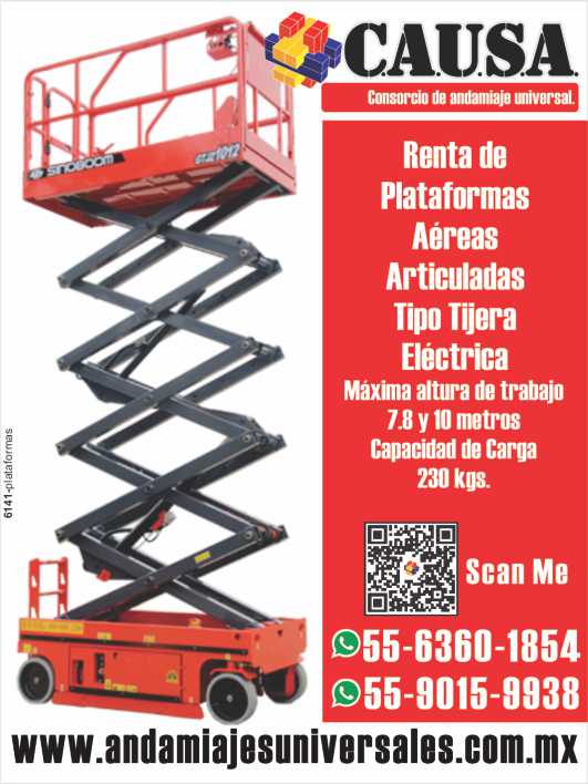 Renta de Plataformas Aereas articuladas tipo tijera electrica. Renta de Plataformas Aereas articuladas tipo tijera electrica.