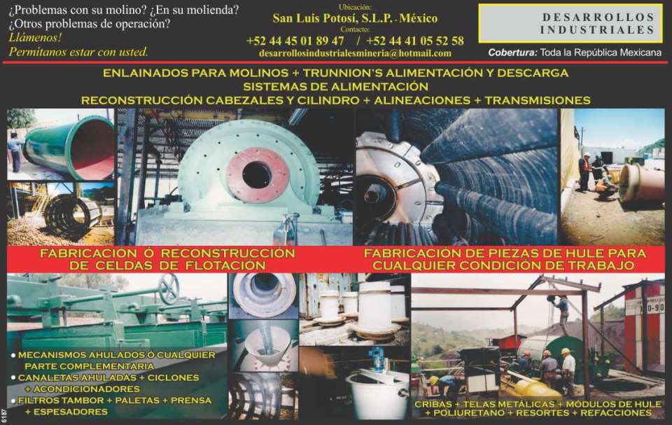Enlainados for mills, manufacture or reconstruction of flotation cells, manufacture of rubber parts. Drum filters, screens, metal fabrics, springs, spare parts