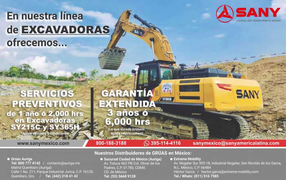 SANY ofrece en toda su linea de Excavadoras Garantia Extendida de 3 años o 6,000 hrs. y Servicios Preventivos hasta las 2,000 hrs.