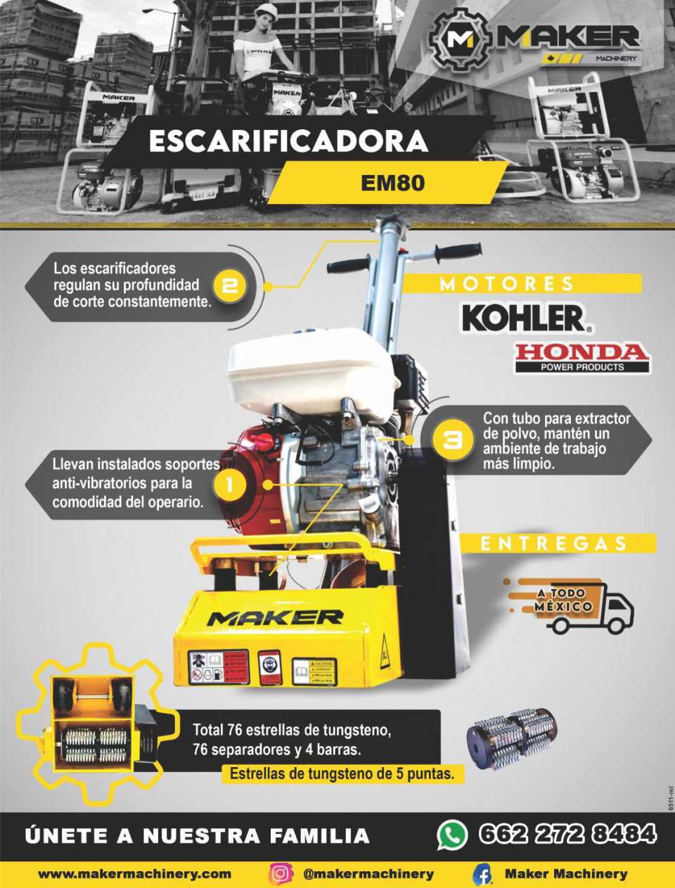 EM80 scarifier, kohler motors, honda power products, 5-pointed tungsten stars EM80 scarifier, kohler motors, honda power products, 5-pointed tungsten stars