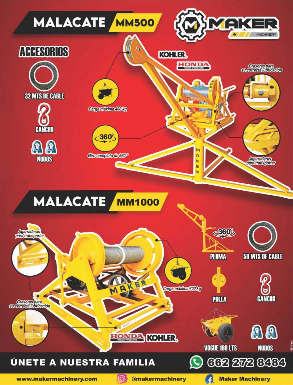 Malacate MM500, carga maxima 400kg, Malacate MM1000, carga maxima 700 kg, giro completo de 360°, graseras para su correcta lubricacion, agarraderas para transportar y mas accesorios