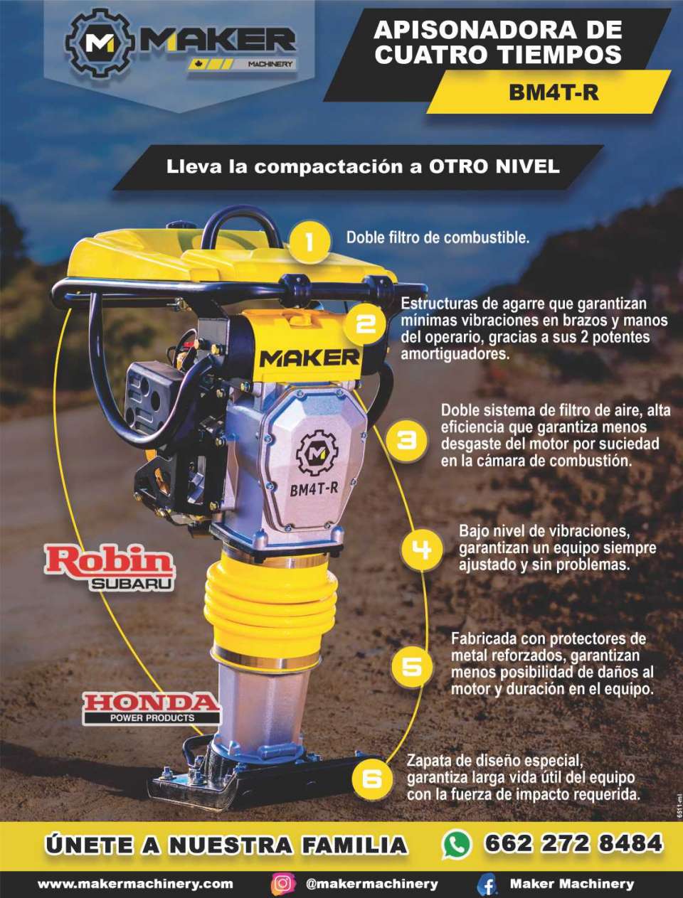 Apisonadora de cuatro tiempos BM4T-R, Robin Subaru, Honda Power Products Apisonadora de cuatro tiempos BM4T-R, Robin Subaru, Honda Power Products