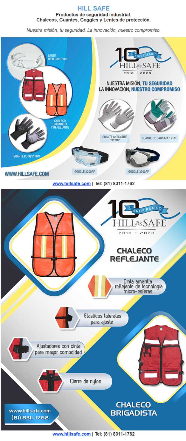 Industrial safety products: Gloves, Reflective vests, Goggles and Protective gear.